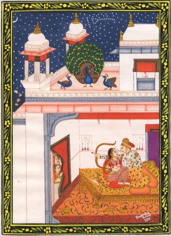 Miniature painting of a couple on a terrace at night, peacocks on the roof above.