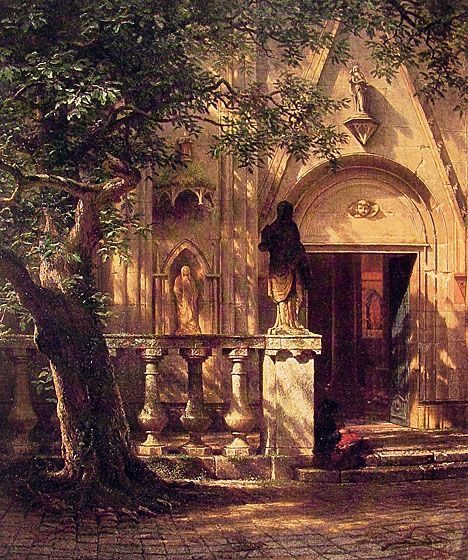 Painting of a sunlit stone porch with statues, seen through the shade of an old tree.