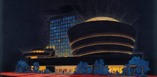 Night rendering of the Guggenheim Museum, its spiral lit from within.